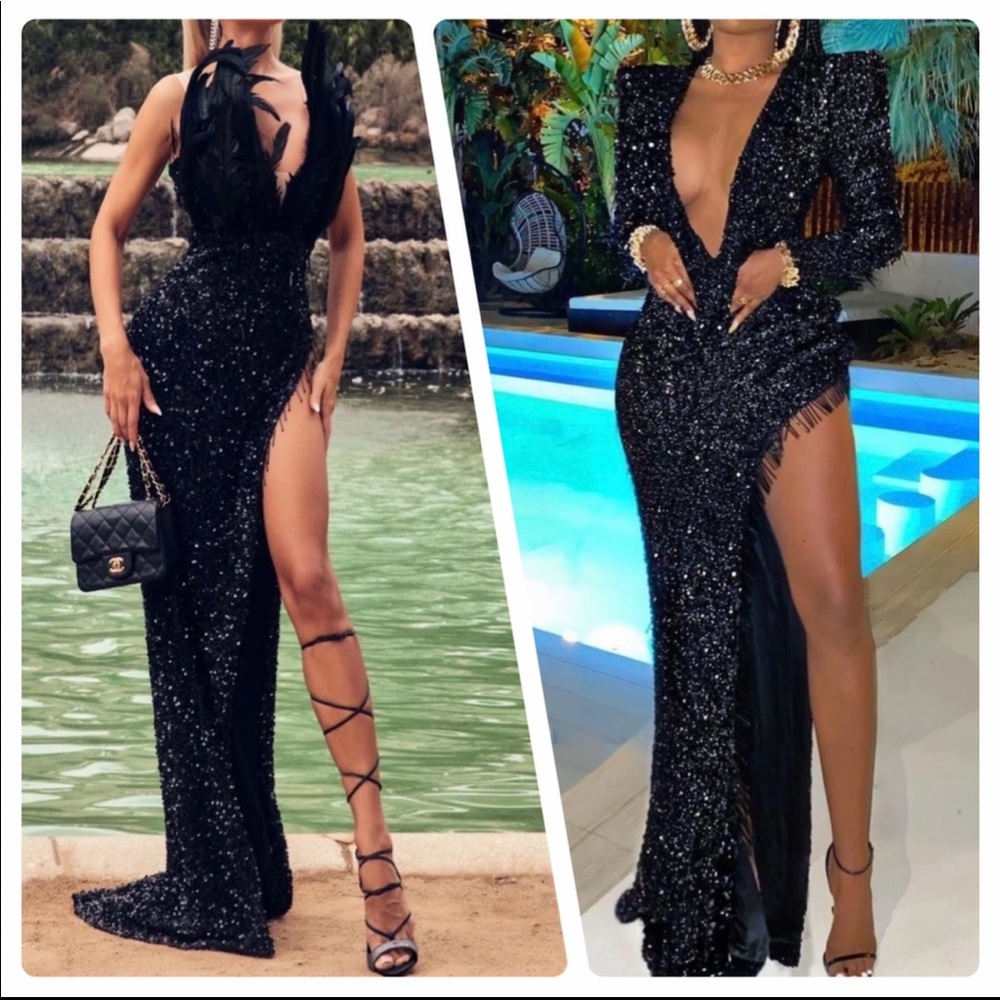 Long Sleeved Black sequin gown custom
